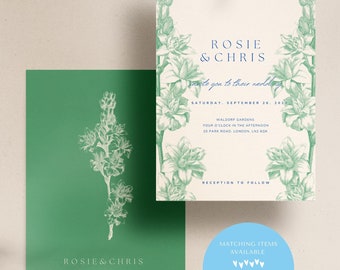Plantilla de invitación de boda de flores verdes, invitación de boda de flores, invitación de boda caprichosa, romántica, imprimible, editable