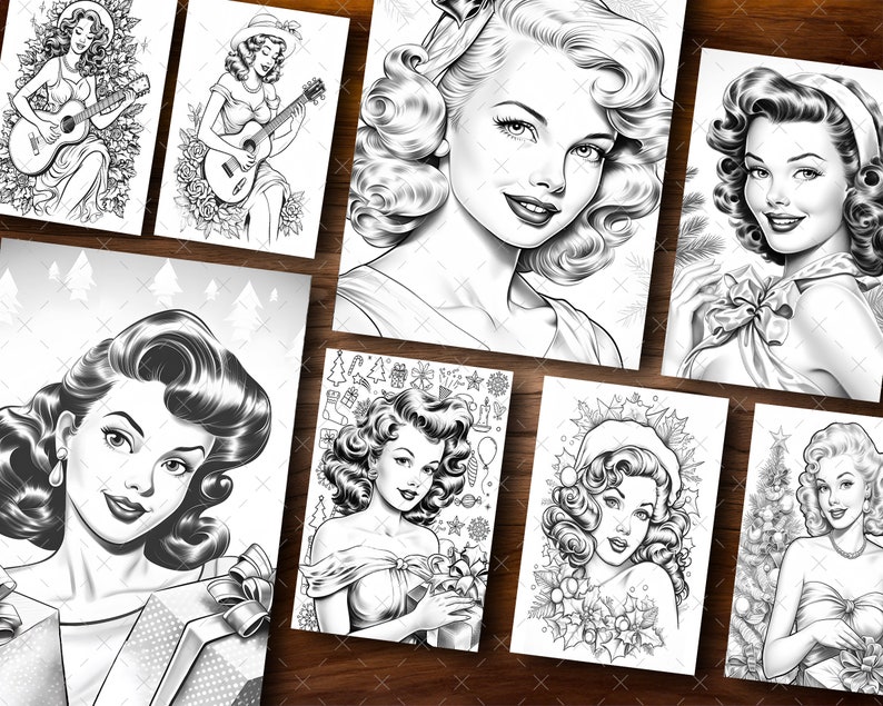 50 Christmas Pin up Girls Coloring Pages, Adults Grayscale Coloring