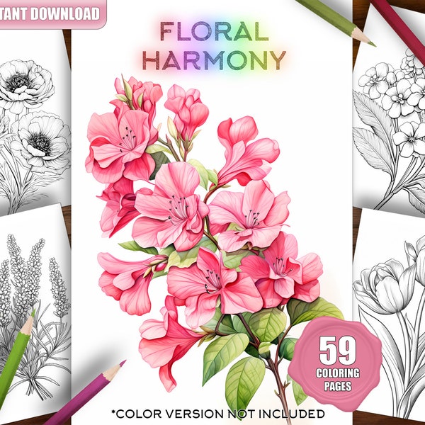 59 Flower Bouquet Coloring Pages, Fantasy Grayscale Coloring Book for Adults & Kids, Floral Coloring Pages, Printable Flowers, Rose coloring