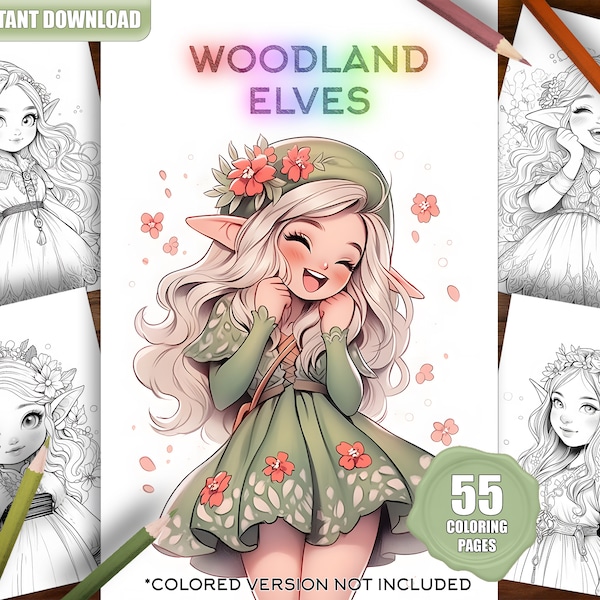 55 Forest Elves Coloring Pages, Kids + Adults Coloring Book, Digital Download, Printable PDF, Elf Coloring Page for Girls,Grayscale Coloring