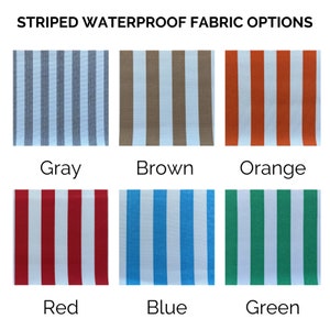 May include: Six fabric swatches with white stripes and different coloured stripes. The colours are grey, brown, orange, red, blue, and green.