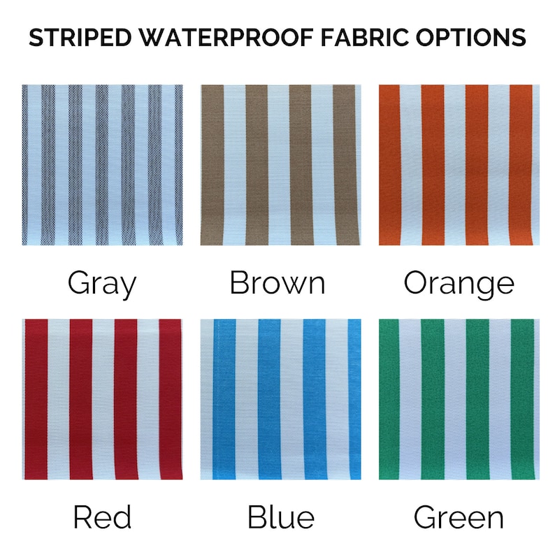 May include: Six fabric swatches with white stripes and different coloured stripes. The colours are grey, brown, orange, red, blue, and green.
