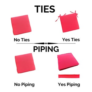 May include: Four pink cushion covers with and without ties and piping. The top two cushions have ties, the bottom two do not. The left two cushions have no piping, the right two have piping. The text "TIES" and "PIPING" is displayed above the cushions.