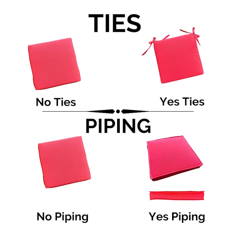 May include: Four pink cushion covers with and without ties and piping. The top two cushions have ties, the bottom two do not. The left two cushions have no piping, the right two have piping. The text "TIES" and "PIPING" is displayed above the cushions.