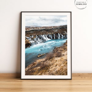 Hraunfossar waterfall, Iceland printable wall art, Nordic landscape photography, Icelandic lava falls, Iceland poster, Icelandic wall decor