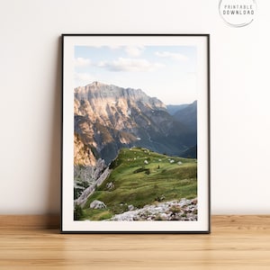 Zonsondergang bij Mangart Saddle, afdrukbare muurkunst van Slovenië, Sloveense landschapsfoto, Julische Alpen, reisposter, Slovenië bergen print