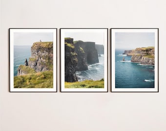 Irländskt landskap, Set med 3 bilder, Irland väggdekor, Utskrivbar landskapsaffisch, Resepresent, Cliffs of Moher, Wild Atlantic Way