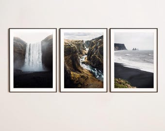 Icelandic scenery, Set of 3, Iceland wall art decor, Printable landscape poster, Traveler gift, Skogafoss, Fjadrargljufur, Reynisfjara beach