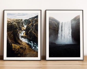 Iceland printable wall decor, Set of 2 nordic photo posters, Skogafoss waterfall, Fjadrargljufur canyon, Icelandic landscape photography