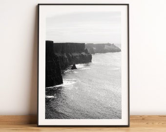 Cliffs of Moher, Ireland printable wall art, Irish coastline, Black and white photography, Irish cliffs, Ireland wall decor, travel gift