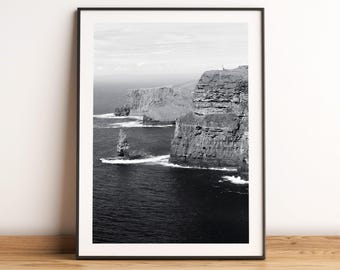 Cliffs of Moher, Ireland printable wall art, Irish coastline, Black and white photography, Irish cliffs, Ireland wall decor, travel gift