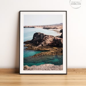 Playa de Papagayo poster, Lanzarote printable wall art, Canary Islands, Papagayo beach view print, Volcanic landscape, Travel wall decor