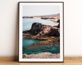 Playa de Papagayo poster, Lanzarote printable wall art, Canary Islands, Papagayo beach view print, Volcanic landscape, Travel wall decor