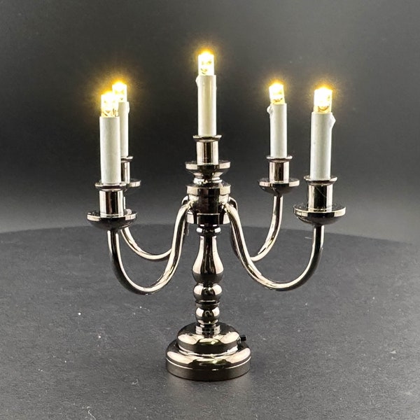 Gunmetal Black Candelabra 5 arms Super bright with On/off switch for dollhouse miniature 1:12 scale