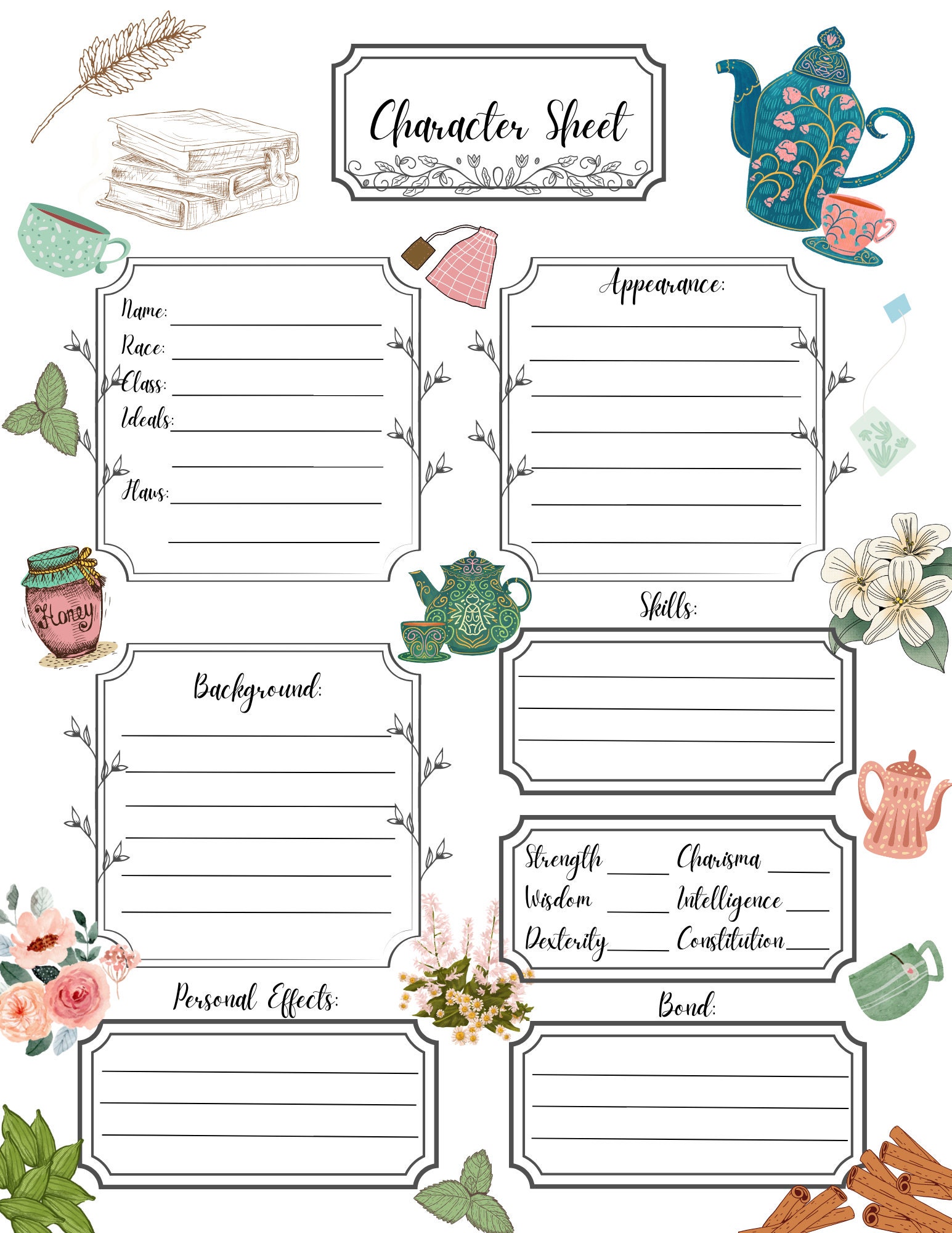 Tea Shop Printable Character Sheet for Dnd Rpgs Solo - Etsy