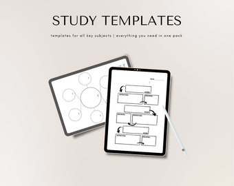 May include: Two digital tablet screens with black and white study templates. The template on the left is a mind map with circles connected by lines. The template on the right is a flow chart with boxes labeled "Word", "Definition", and "Drawing". The text "STUDY TEMPLATES" is at the top of the image. The text "templates for all key subjects | everything you need in one pack" is below the title. The text "@missmooprints" is at the bottom of the image.