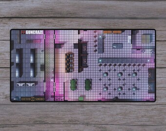 GunCraze Cyberpunk Bar and Warehouse Tabletop Battle Mat | 31.5 x 15.5 in | Miniatures and RPG Gaming