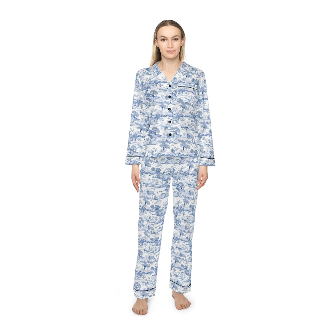 Toile De Jouy Pajamas Blue Satin Toile Pajamas Women's Bridal Party