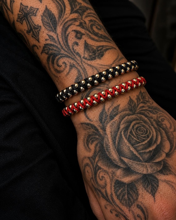 Gold-filled Beaded Bracelet Black or Red Cord, Adjustable Handmade Bracelet for Men and Women