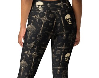 Gothic Tapestry High-Waisted Leggings, Skull Print Yoga Pants