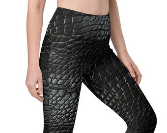 Alligator Leather Printed Comfy Leggings with 2 Side Pockets, Black Spandex Leggings with Pocket, Unique Tights, Polyester Yoga Leggings