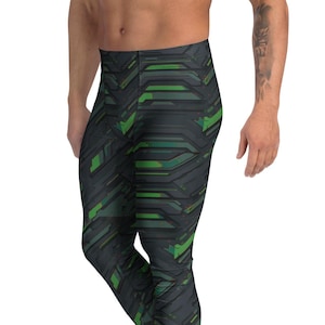 Vortex Grid Green Spandex Leggings: Men&#39;s Fitted Gym Workout Tights