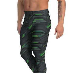 Men&#39;s Compression Leggings: UPF 50+ Workout Tights, Green Line Spandex