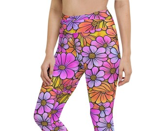 Spring Blossom Capri Leggings, Floral Yoga Pants, Boho Festival Tights