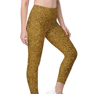 Gold Glitter Stretchy Holiday Yoga Leggings with Pockets, HighWaisted Style Pants, Gold Christmas Leggings, Rave Leggings, Gift for Wife