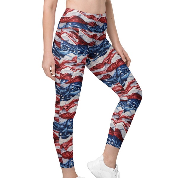 American Flag Comfortable Patriotic Yoga Leggings with Pockets, Red White Blue Tights for Women, Handmade Stylish 4th of July Athletic Pants