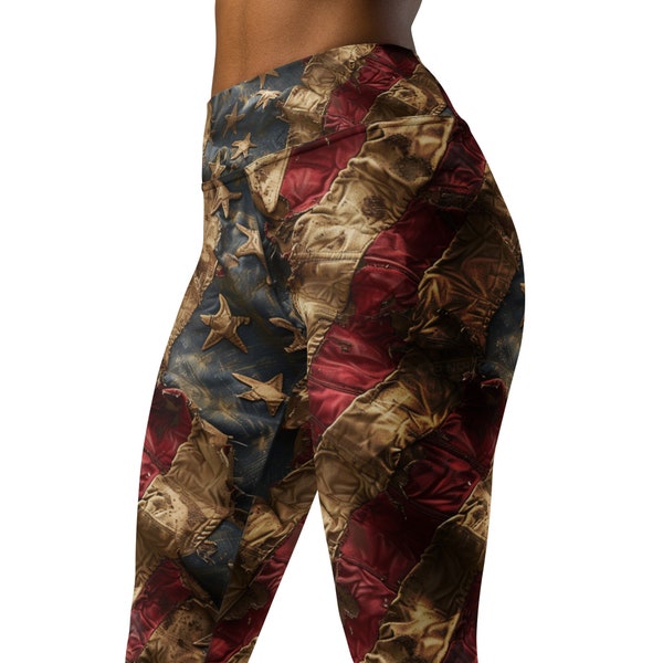 Vintage Texture American Flag Yoga Leggings for Women, Patriot Athletic Tights, Red white and Blue Leggings, Proud American Fitness Leggings