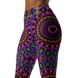 May include: Purple, pink, green, and blue patterned leggings with a geometric mandala design.