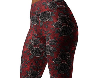 Blood Rose Gothic Leggings, High Waist Yoga Tights