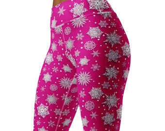 Pink Snowflake Leggings, Christmas Festive Yoga Tights, Women's Activewear
