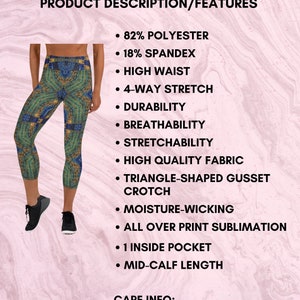 May include: A pair of high-waisted yoga capris with a colorful abstract print. The capris are made of 82% polyester and 18% spandex and feature a high waist, 4-way stretch, durability, breathability, stretchability, high quality fabric, triangle-shaped gusset crotch, moisture-wicking, all over print sublimation, one inside pocket, and mid-calf length. Care instructions: Do not dry clean, do not iron, do not tumble dry, do not bleach, machine wash cold (max 30C or 90F).