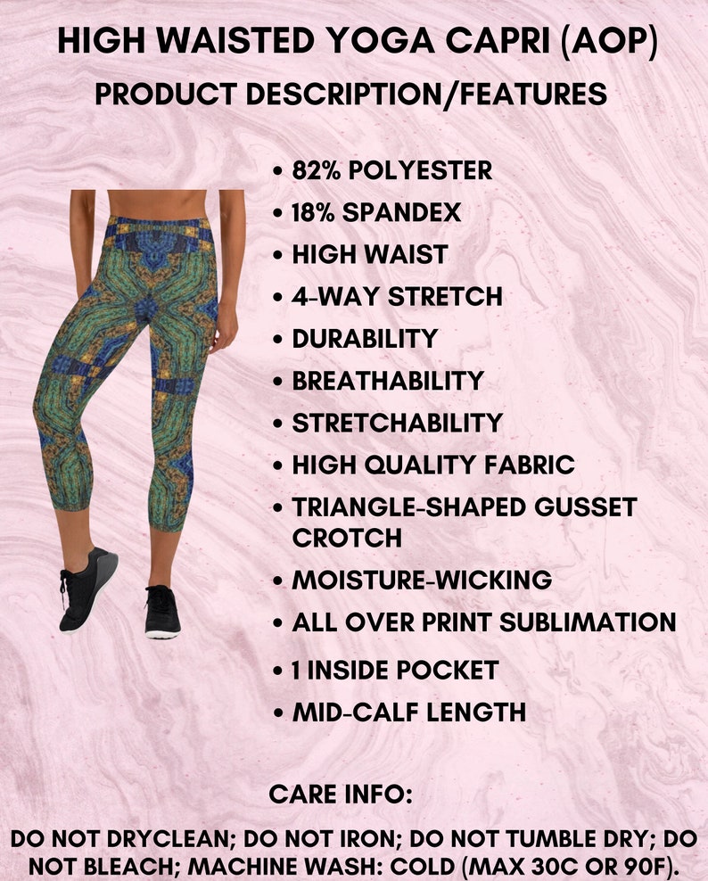 May include: A pair of high-waisted yoga capris with a colorful abstract print. The capris are made of 82% polyester and 18% spandex and feature a high waist, 4-way stretch, durability, breathability, stretchability, high quality fabric, triangle-shaped gusset crotch, moisture-wicking, all over print sublimation, one inside pocket, and mid-calf length. Care instructions: Do not dry clean, do not iron, do not tumble dry, do not bleach, machine wash cold (max 30C or 90F).