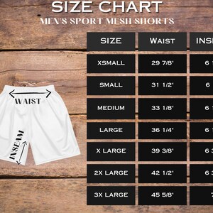 May include: Size chart for men's sport mesh shorts. The chart shows sizes from X-Small to 3X-Large with corresponding waist and inseam measurements in inches.