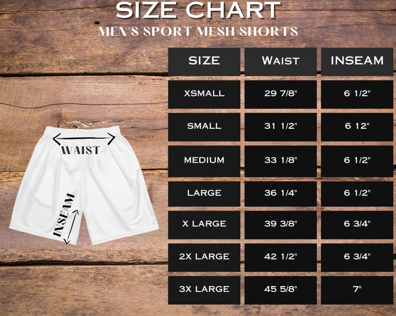 May include: Size chart for men's sport mesh shorts. The chart shows sizes from X-Small to 3X-Large with corresponding waist and inseam measurements in inches.