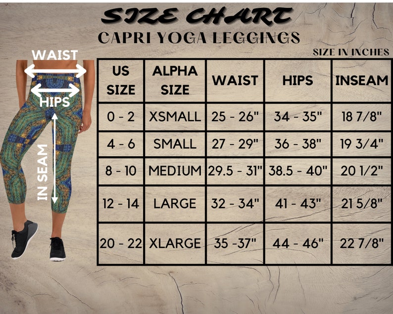 May include: Size chart for capri yoga leggings with measurements in inches. The chart shows US sizes 0-22, corresponding alpha sizes, waist, hips, and inseam measurements.