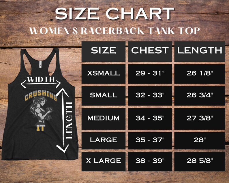 Peut inclure: D&eacute;bardeur noir avec un graphique d'une femme soulevant des poids et le texte "Crushing It". L'image comprend un tableau des tailles avec des mesures de poitrine et de longueur en centim&egrave;tres pour les tailles XSmall &agrave; XLarge.