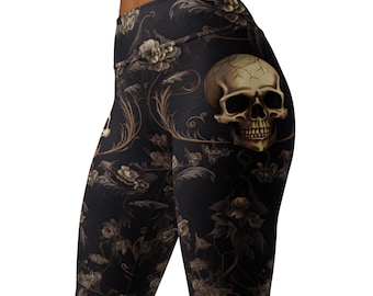 Dark Floral Skull Leggings, High Waisted Gothic Tights