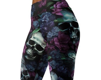 Skull and Roses Gothic Leggings, Halloween Yoga Pants, Activewear