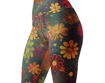 Floral Leggings, High-Waist Boho Yoga Tights, Flower Design