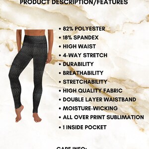 K&ouml;nnte beinhalten: Schwarze Yoga-Leggings mit hoher Taille und einem strukturierten Muster. Die Leggings bestehen aus 82 % Polyester und 18 % Elasthan. Zu den Merkmalen geh&ouml;ren 4-Wege-Stretch, Atmungsaktivit&auml;t, Dehnbarkeit, hochwertiges Material, doppelter Bund, Feuchtigkeitsableitung, Sublimationsdruck auf der gesamten Oberfl&auml;che und 1 Innentasche. Pflegehinweise: Nicht chemisch reinigen, nicht b&uuml;geln, nicht im Trockner trocknen, nicht bleichen, Maschinenw&auml;sche kalt (max. 30 &deg;C oder 90 &deg;F).
