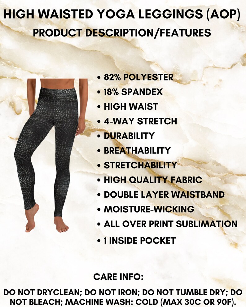 K&ouml;nnte beinhalten: Schwarze Yoga-Leggings mit hoher Taille und einem strukturierten Muster. Die Leggings bestehen aus 82 % Polyester und 18 % Elasthan. Zu den Merkmalen geh&ouml;ren 4-Wege-Stretch, Atmungsaktivit&auml;t, Dehnbarkeit, hochwertiges Material, doppelter Bund, Feuchtigkeitsableitung, Sublimationsdruck auf der gesamten Oberfl&auml;che und 1 Innentasche. Pflegehinweise: Nicht chemisch reinigen, nicht b&uuml;geln, nicht im Trockner trocknen, nicht bleichen, Maschinenw&auml;sche kalt (max. 30 &deg;C oder 90 &deg;F).