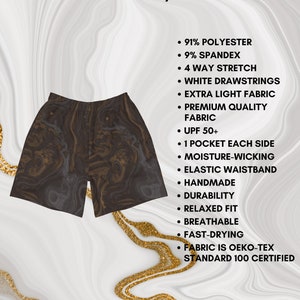 May include: Dark brown and gray patterned men's shorts with a relaxed fit. The shorts have an elastic waistband, two pockets, and are made from a moisture-wicking fabric. The fabric is OEKO-TEX Standard 100 certified.  DO NOT DRYCLEAN; DO NOT IRON; DO NOT TUMBLE DRY; DO NOT BLEACH; MACHINE WASH: COLD (MAX 30C OR 90F).