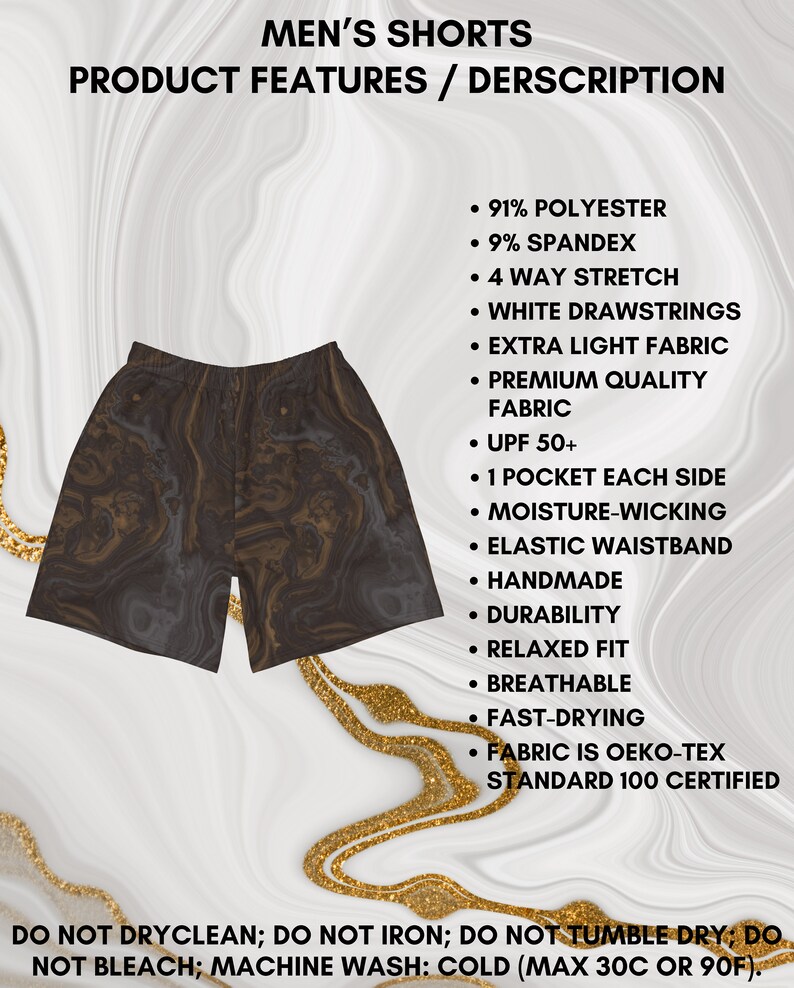 May include: Dark brown and gray patterned men's shorts with a relaxed fit. The shorts have an elastic waistband, two pockets, and are made from a moisture-wicking fabric. The fabric is OEKO-TEX Standard 100 certified.  DO NOT DRYCLEAN; DO NOT IRON; DO NOT TUMBLE DRY; DO NOT BLEACH; MACHINE WASH: COLD (MAX 30C OR 90F).