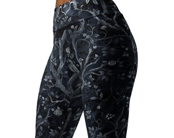Gothic Dark Forest Leggings, High-Waisted Spandex Tights, Raven Clothing