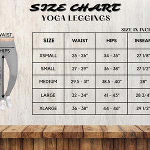 K&ouml;nnte beinhalten: Gr&ouml;&szlig;entabelle f&uuml;r Yoga-Leggings in Zoll. Die Tabelle zeigt die Gr&ouml;&szlig;en von XS bis XL mit den Ma&szlig;en f&uuml;r Taille, H&uuml;fte und Schrittl&auml;nge.