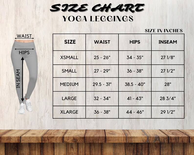 K&ouml;nnte beinhalten: Gr&ouml;&szlig;entabelle f&uuml;r Yoga-Leggings in Zoll. Die Tabelle zeigt die Gr&ouml;&szlig;en von XS bis XL mit den Ma&szlig;en f&uuml;r Taille, H&uuml;fte und Schrittl&auml;nge.
